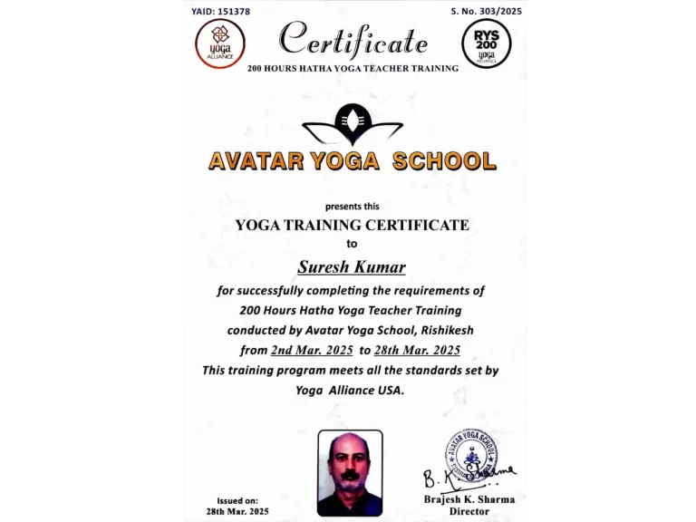 Suresh Prabhu - Brain Yoga - Yoga alliance USA certificate
